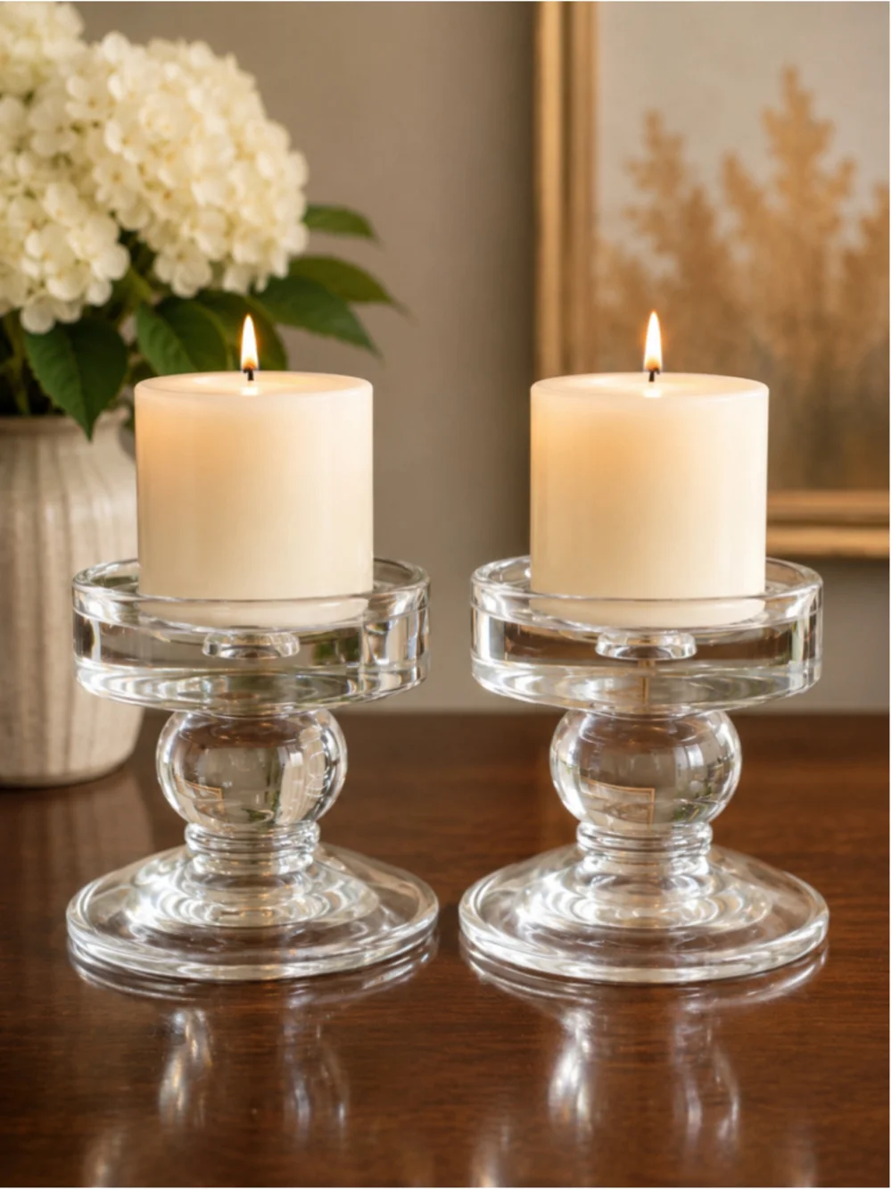 Set of 2 Reversible Clear Glass Pillar & Taper Candle Holders